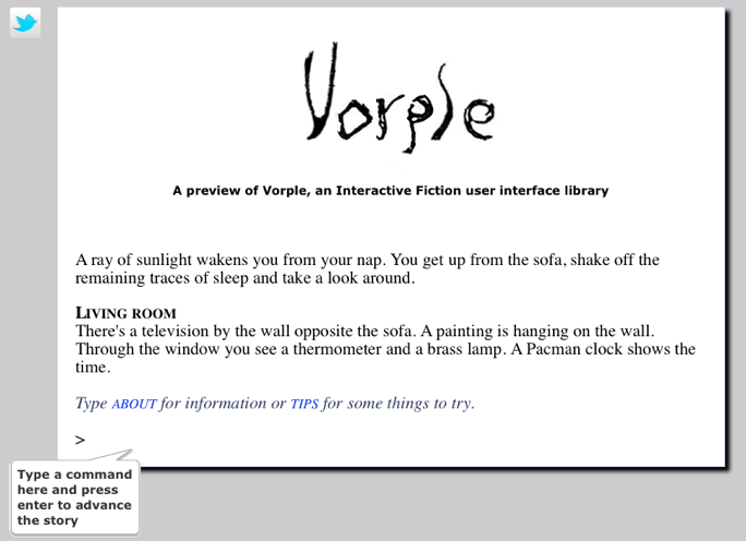 Screen shot of Vorple showing a demo game and a balloon tooltip pointing to the input line, instructing the player to type a command