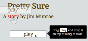 Texture story cover page with a draggable 'play' button and a speech bubble pointing to it saying 'Drag play and drop it on top of story to start'. A ghost image of the play button and a dragging finger icon has been placed on top of the word 'story'.