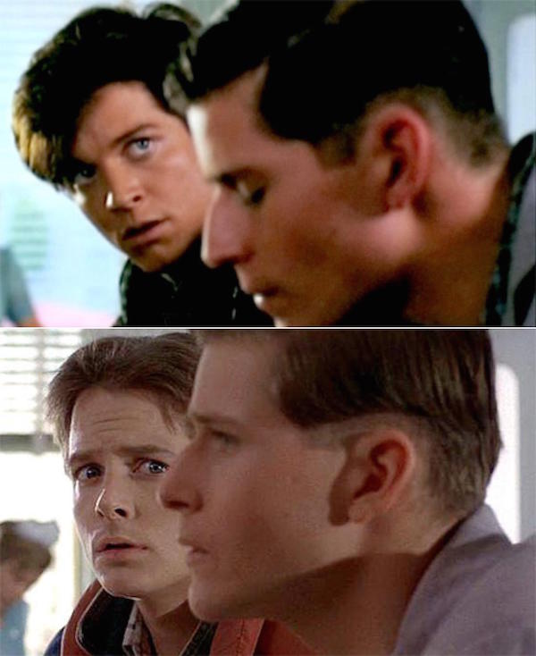 Two pictures from the same scene where Marty McFly looks at his young father in the past, the first one with Eric Stolz and the second with Michael J. Fox as Marty McFly