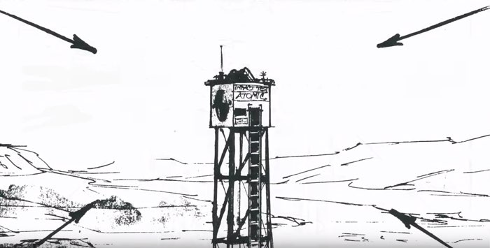 A storyboard frame showing a nuclear test tower