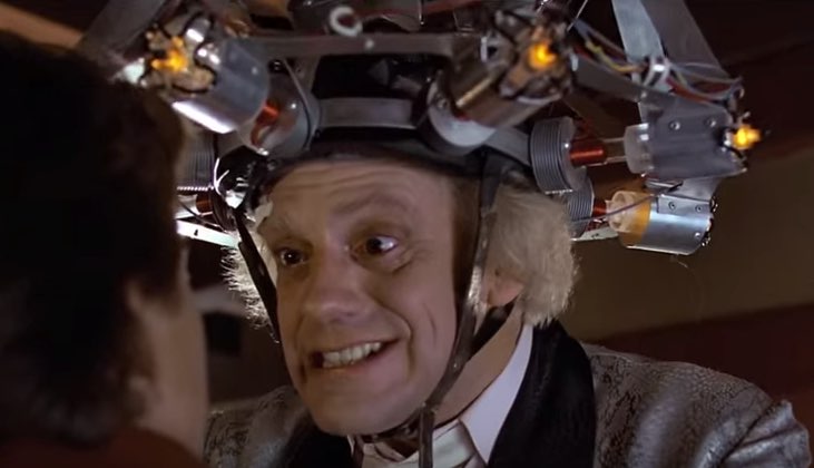 Doc Brown wearing a "mind reading device" on his head