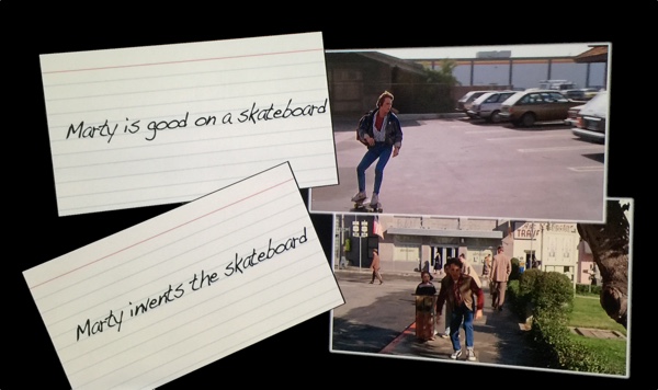 Two index cards and corresponding images from the movie: 'Marty's good on a skateboard' and 'Marty invents the skateboard'