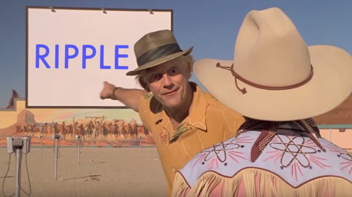 Doc Brown pointing at an outdoor cinema movie screen that has the Ripple logo on it